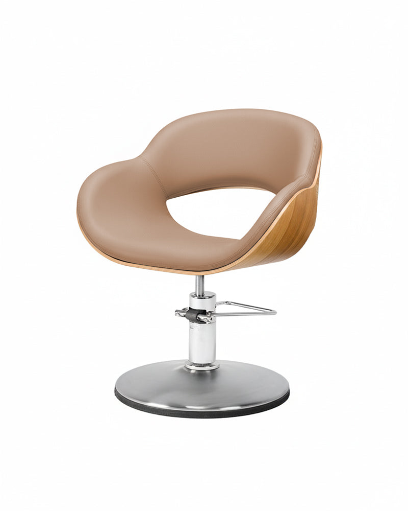 Thea Wood - Beige frisørstol i træ med krom pladefod